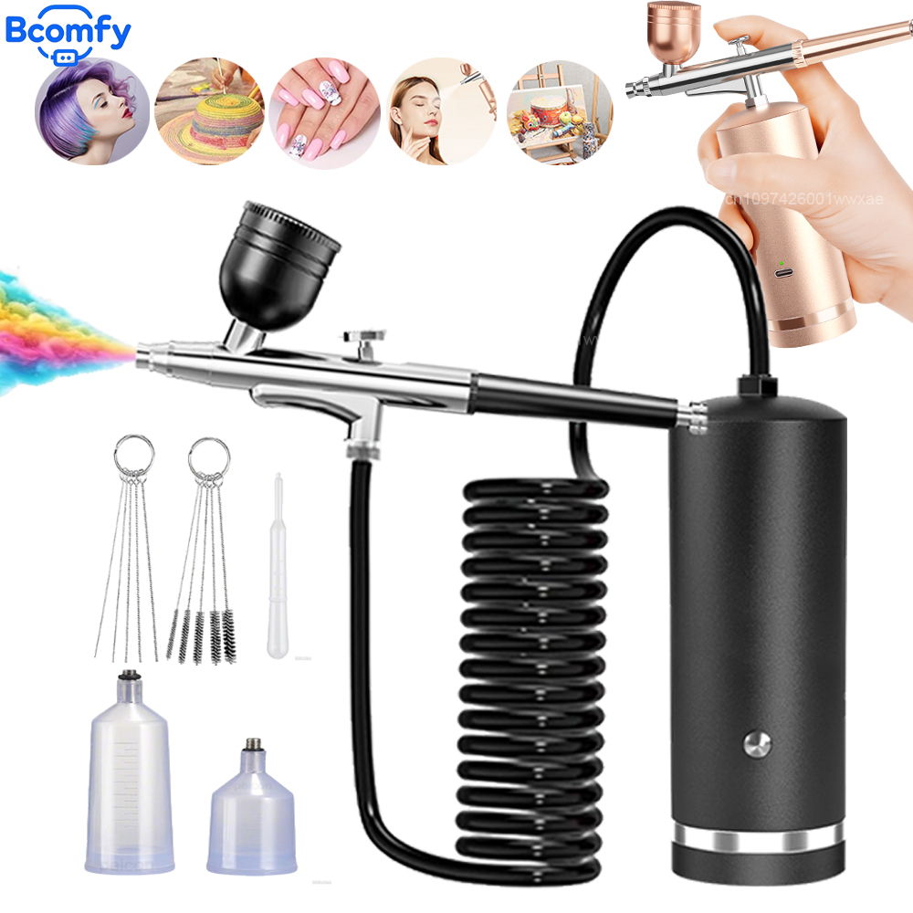 Airbrush Kit With Mini Compressor - แอร์บรัชพร้อมคอมเพรสเซอร์ แอร์บรัชแบบชาร์จไฟได้พร้อมคอมเพรสเซอร์ ปืนฉีดพ่นขนาดเล็กแบบมือถือ เครื่องฉีดออกซิเจนนาโนสำหรับใช้ในครัวเรือน