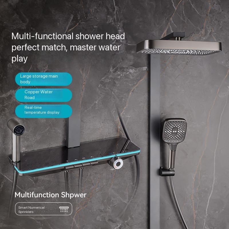 Plumbing - ชุดฝักบัวอาบน้ำพร้อมไฟ Ambient สีเทา ปุ่มกดแบบเปียโน จอแสดงผลดิจิตอล ชุดระบบฝักบัวแบบเรนชาวเวอร์