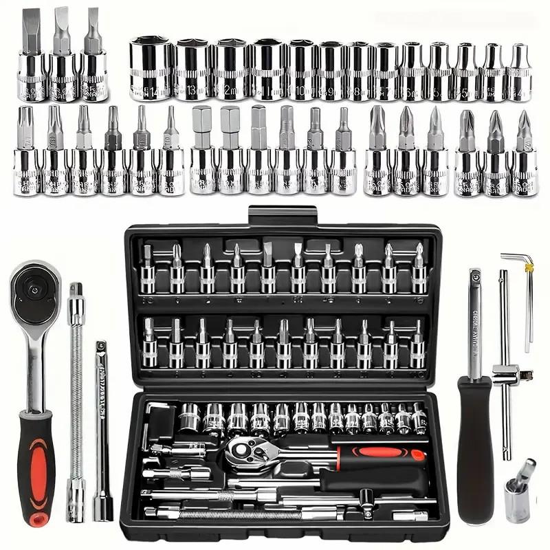 Hand Tools - ชุดประแจบล็อกเมตริก 46 ชิ้น ชุดเครื่องมือซ่อมรถยนต์ เครื่องมือช่างมืออาชีพสำหรับงานบำรุงรักษา ประแจวงล้อ
