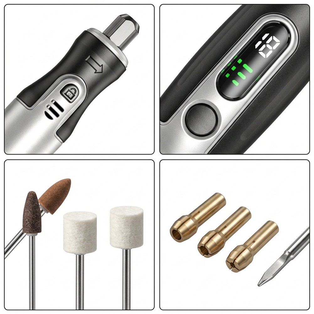 Cordless Rotary Tool Kit Accessories - ชุดเครื่องมือโรตารี่ไร้สายแบบชาร์จ USB พร้อมอุปกรณ์เสริมสำหรับการแกะสลัก ขัดเงา และเจาะ สำหรับงาน