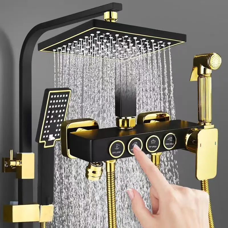 Plumbing - ชุดระบบฝักบัวสแตนเลสสีดำทอง พร้อมก๊อกน้ำฝักบัวแบบเทอร์โมสแตททองเหลืองสำหรับห้องน้ำในบ้าน