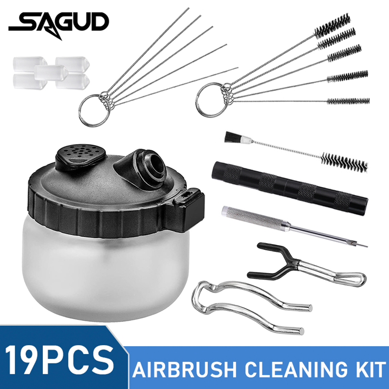 Airbrush Kit With Mini Compressor - ชุดทำความสะอาดแอร์บรัช SAGUD 19 ชิ้น ชุดทำความสะอาดปืนพ่นสีพร้อมกระปุกทำความสะอาด แปรง